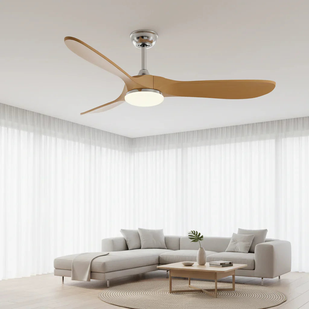 Zéphyr — Ventilateur vintage argent et bois naturel, LED