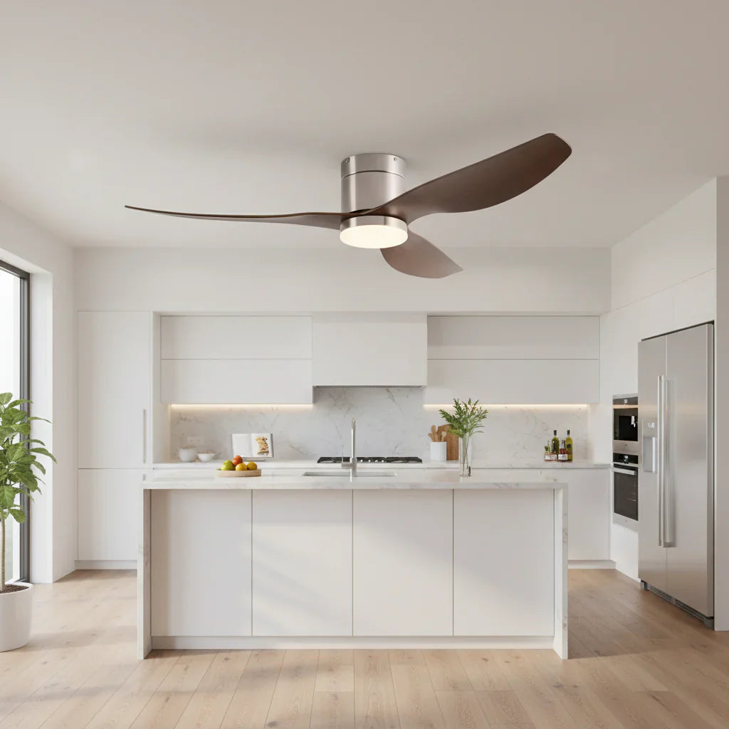 Cyrus — Ventilateur LED intégrée argent et bois foncé