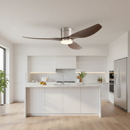 Cyrus — Ventilateur LED intégrée argent et bois foncé