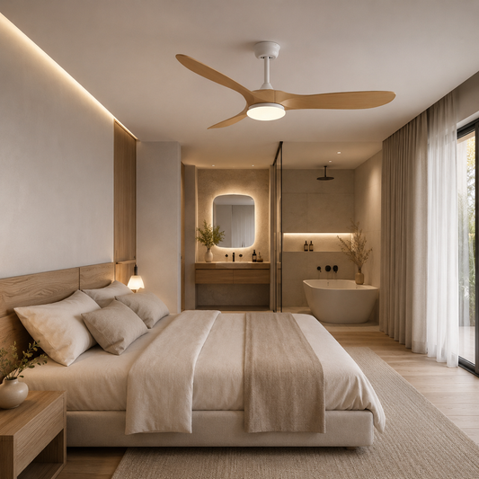 Aria — Ventilateur vintage blanc et bois naturel, LED