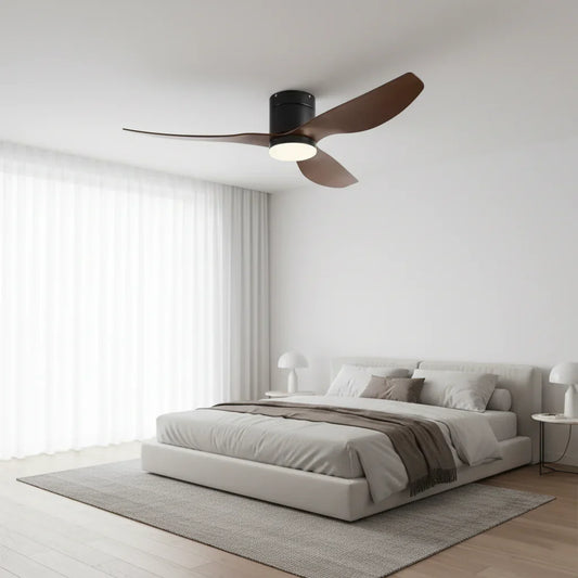 Selene — Ventilateur LED intégrée noir et bois foncé